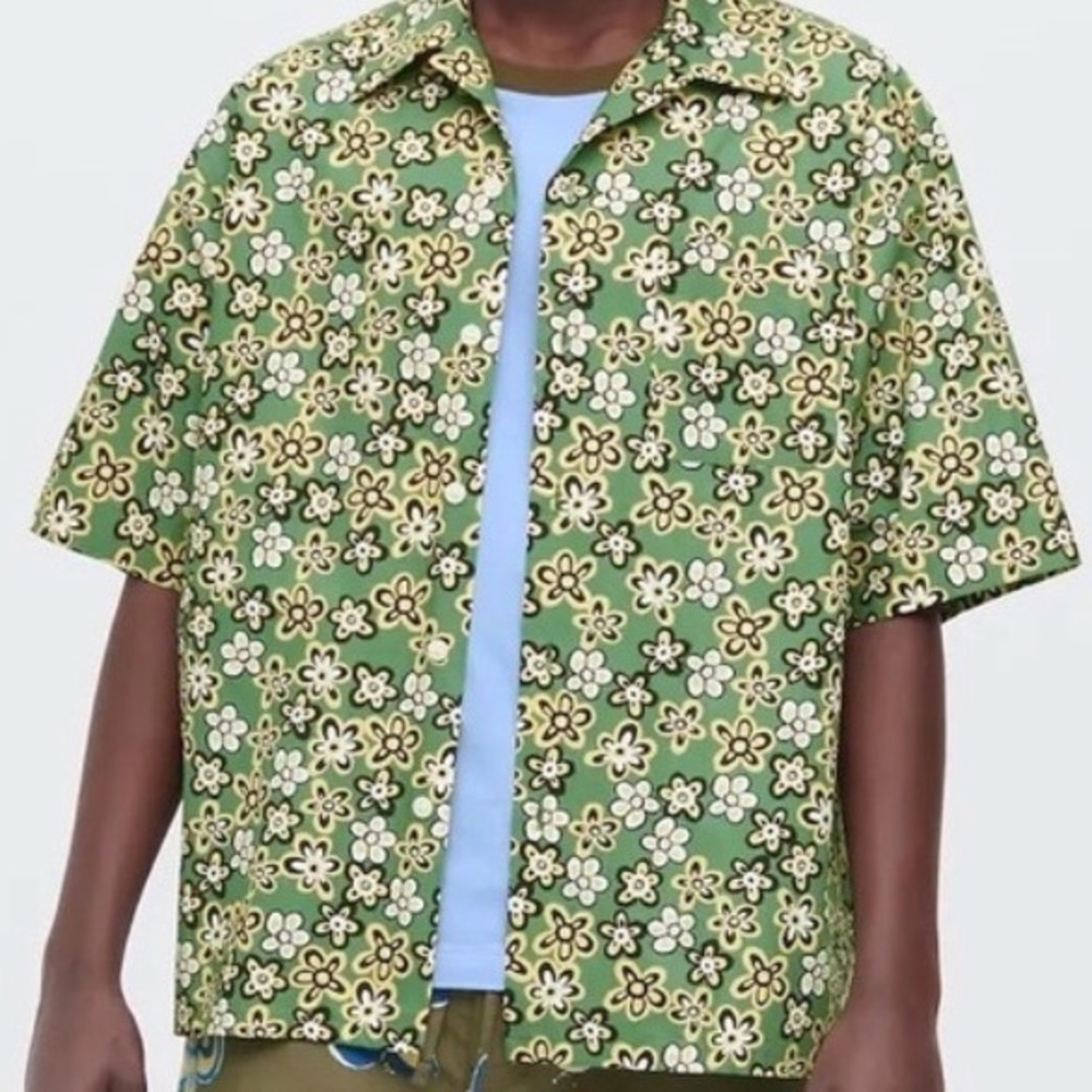 MARNI Size M UNIQLO S/S 2022 Floral Short Sleeve Cotton Camp Shirt Green Yellow